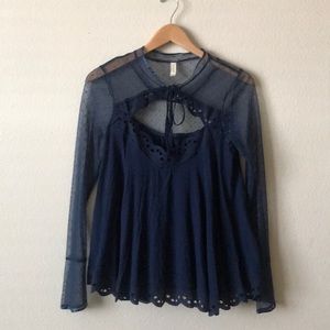 Free People Navy Blue Mesh Bell Sleeve Shirt